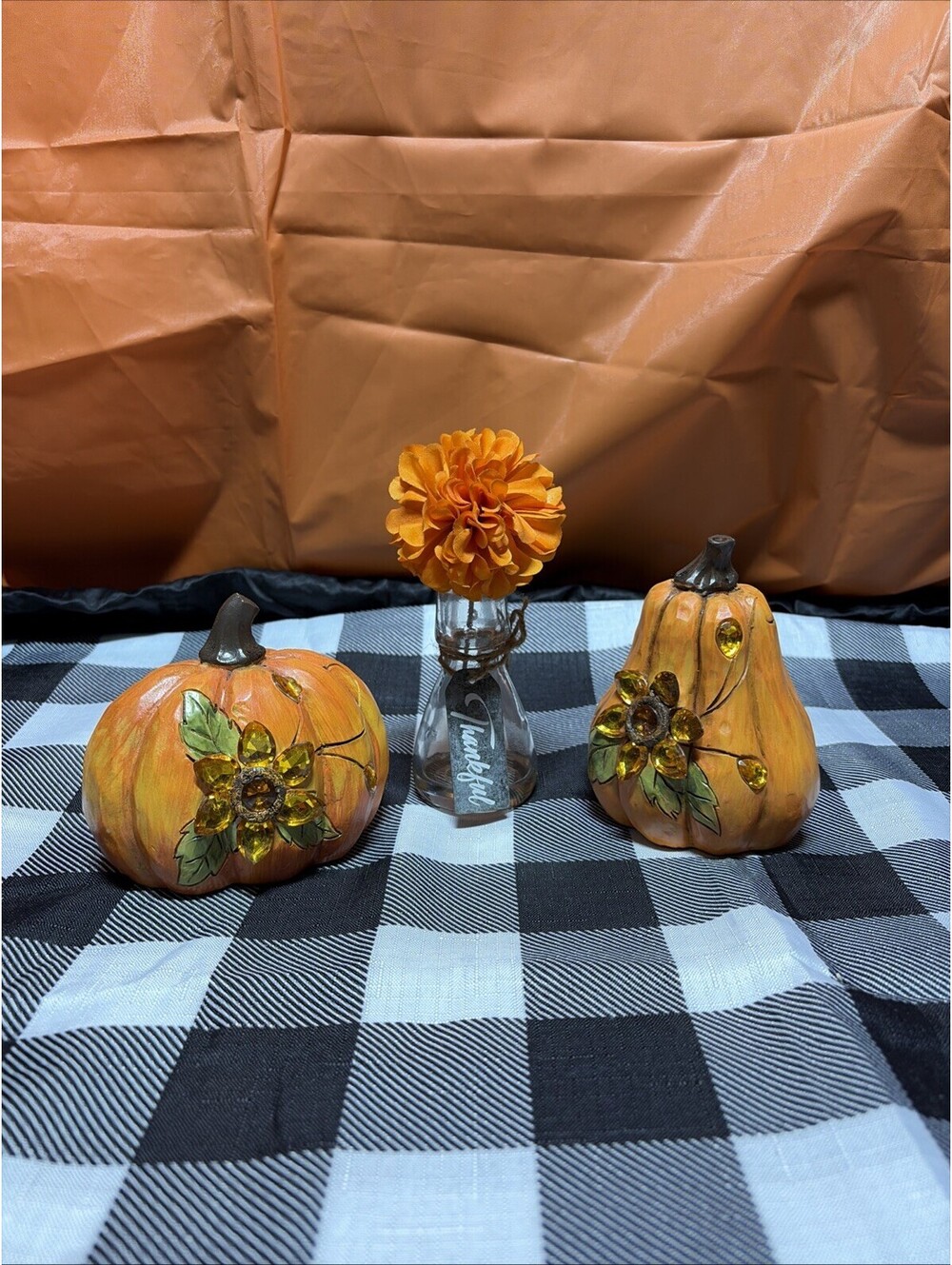 FALL DECOR, PUMPKIN & GOURD WITH JEWELS, FLOWER AND VASE. THANKFUL TAG.